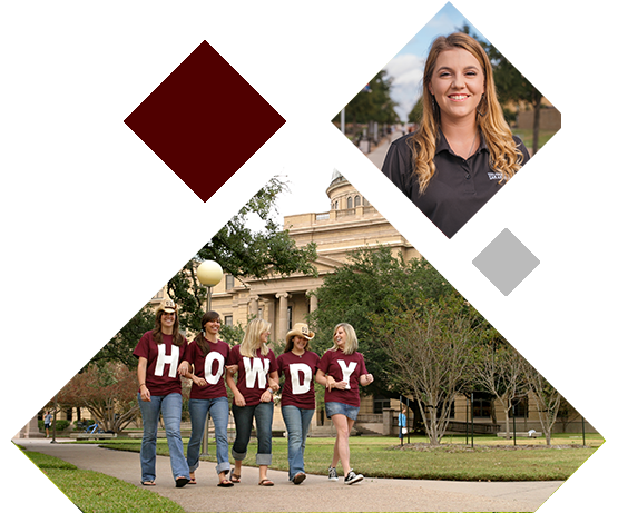 Multiple diamond-shaped graphic with female student in upper right and group of female students walking in front of TAMU Administration Building
